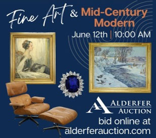 Fine jewelry, silver, furniture, rugs, historical items, and artwork by Edward Willis Redfield, Walter Emerson Baum, John Folinsbee, others. MCM by Eames, Gayman, McCobb, Bertoia, Haring, Tavelli, others. Bidding starts early June. Auction June 12th